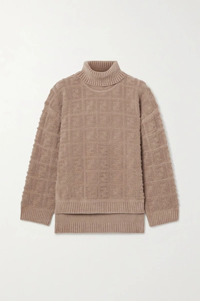 Shop Fendi Oversized Bouclé Turtleneck Sweater In Sand