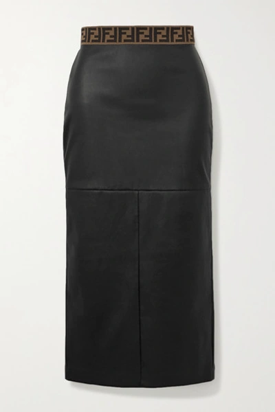 Shop Fendi Jacquard-trimmed Leather Midi Skirt In Black