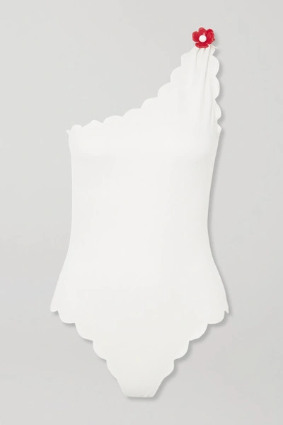 Shop Marysia Santa Barbara Embellished One-shoulder Scalloped Stretch-crepe Swimsuit In White