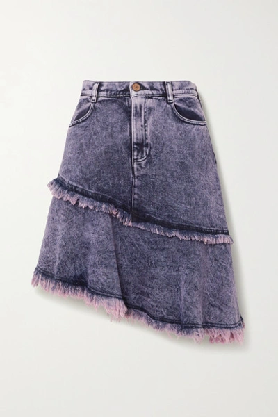 Shop See By Chloé Asymmetric Tiered Frayed Acid-wash Denim Skirt In Mid Denim