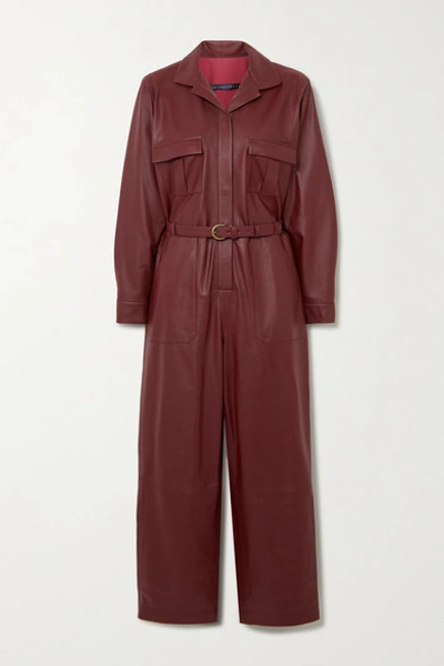 Shop Zeynep Arcay Belted Leather Jumpsuit In Burgundy
