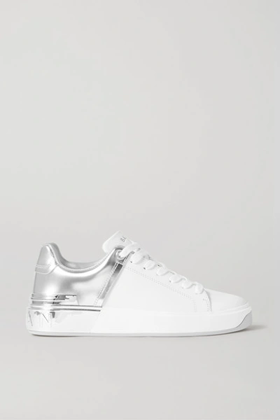 Shop Balmain B-court Matte And Metallic Leather Sneakers In White