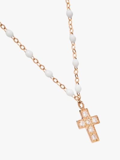 Shop Gigi Clozeau 18k Rose Gold Cross 42 Cm Beaded Diamond Necklace In 1 White