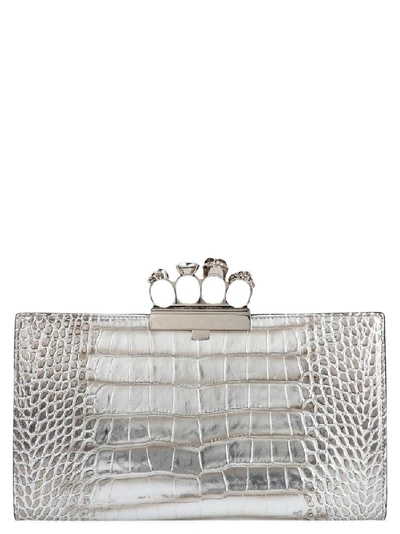 Shop Alexander Mcqueen Embossed Four Ring Clutch In Silver