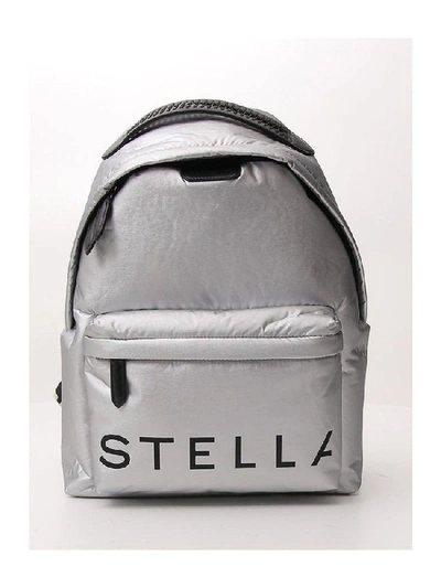 Shop Stella Mccartney Metallic Logo Printed Backpack In Silver