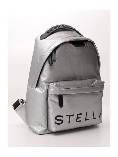 Shop Stella Mccartney Metallic Logo Printed Backpack In Silver
