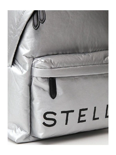 Shop Stella Mccartney Metallic Logo Printed Backpack In Silver