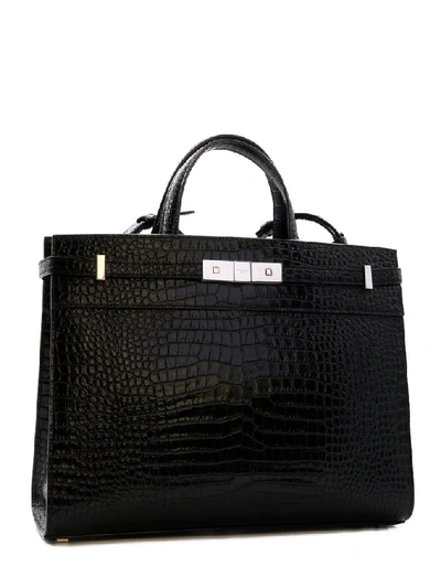 Shop Saint Laurent Manhattan Logo Engraved Tote Bag In Black