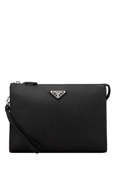 Shop Prada Logo Clutch Bag In Black