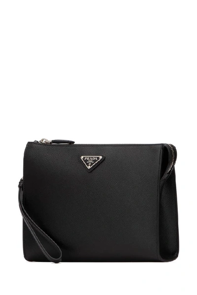 Shop Prada Logo Clutch Bag In Black