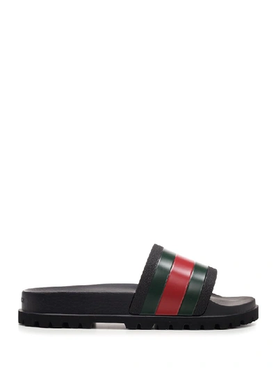 Shop Gucci Web Detail Rubber Slides In Black