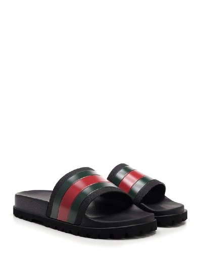 Shop Gucci Web Detail Rubber Slides In Black