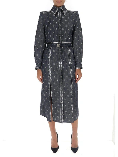 Shop Fendi Ff Karligraphy Belted Shirt Dress In Blue