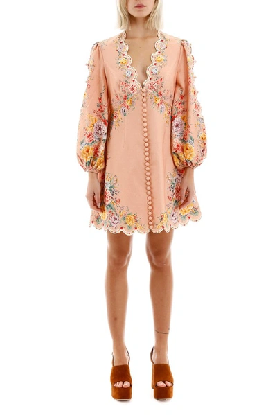 Shop Zimmermann Floral Scallop Hemmed Mini Dress In Coral Floral