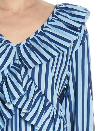 Shop Msgm Striped Ruffled Top In Blue