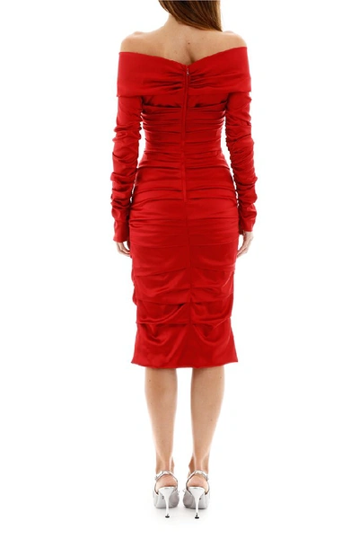 Shop Dolce & Gabbana Draped Off The Shoulder Midi Dress In Red