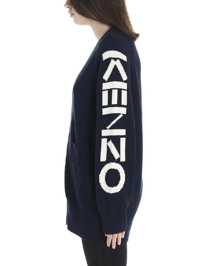 Shop Kenzo Logo Zipped Cardigan In Blue