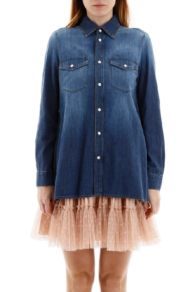 Shop Red Valentino Pleated Denim Shirt In Blue