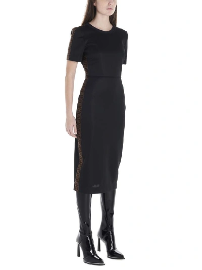 Shop Fendi Ff Monogram Side Striped Midi Dress In Black