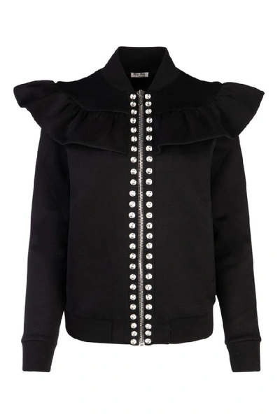 Shop Miu Miu Embellished Ruffle Zipped Bomber Jacket In Black