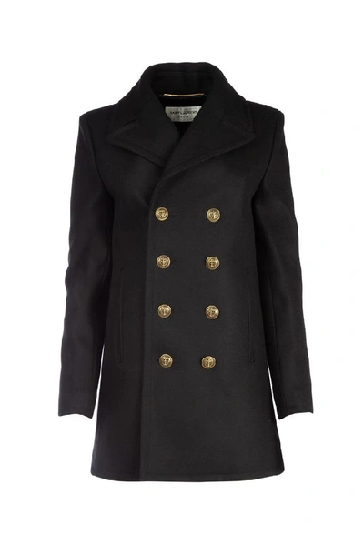 Shop Saint Laurent Double Breasted Coat In Black