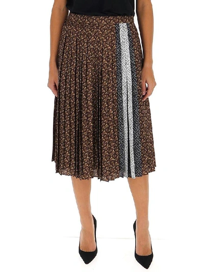 Shop Burberry Pleated Monogram Striped Midi Skirt In Brown