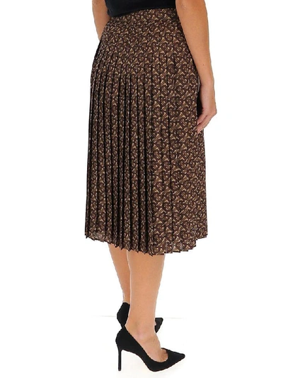 Shop Burberry Pleated Monogram Striped Midi Skirt In Brown