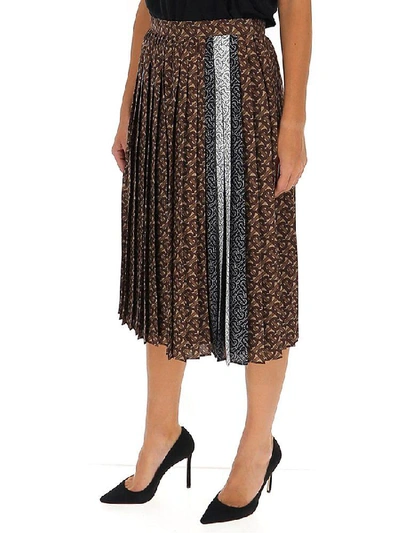 Shop Burberry Pleated Monogram Striped Midi Skirt In Brown