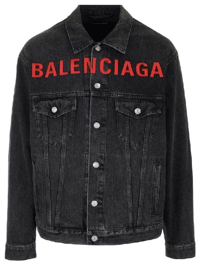 Shop Balenciaga Embroidered Logo Denim Jacket In Black