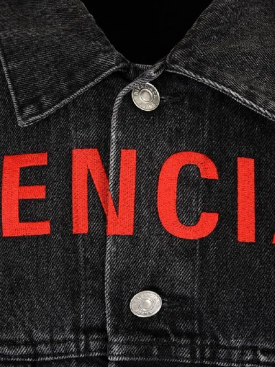 Shop Balenciaga Embroidered Logo Denim Jacket In Black