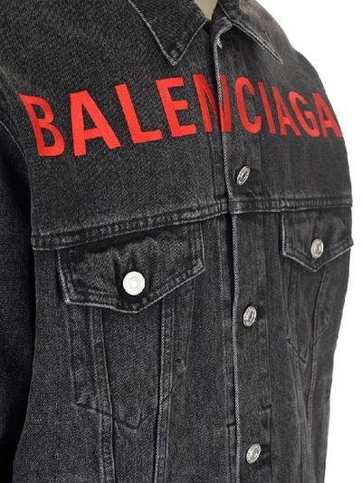 Shop Balenciaga Embroidered Logo Denim Jacket In Black