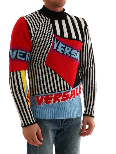 Shop Versace Intarsia Logo Sweater In Multi