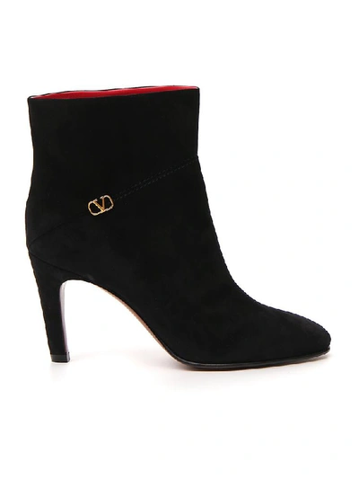Shop Valentino Suede V Logo Ankle Boots In Black