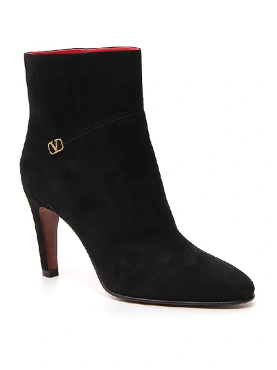 Shop Valentino Suede V Logo Ankle Boots In Black