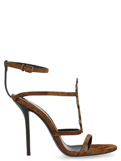 Shop Saint Laurent Cassandra Ysl Monogram Sandals In Brown