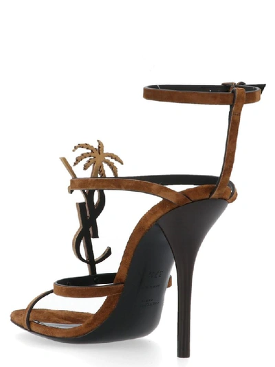 Shop Saint Laurent Cassandra Ysl Monogram Sandals In Brown