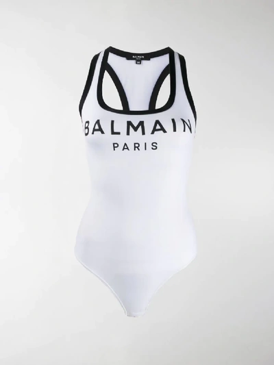 Shop Balmain Logo Print Bodysuit In White