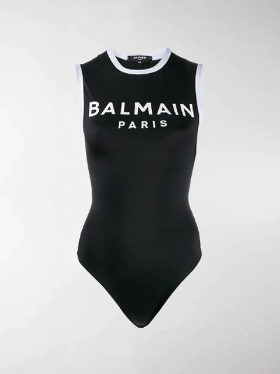 Shop Balmain Logo Print Bodysuit In Black