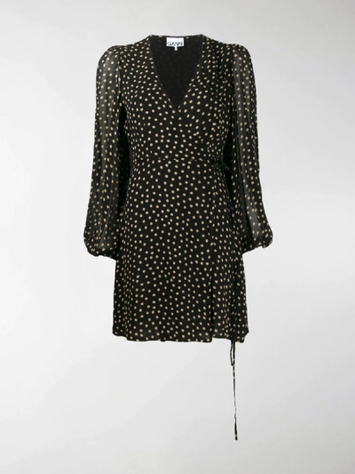 Shop Ganni Polka Dot Wrap Dress In Black