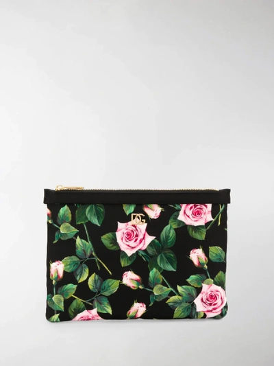 Shop Dolce & Gabbana Rose Canvas Pouch In Black