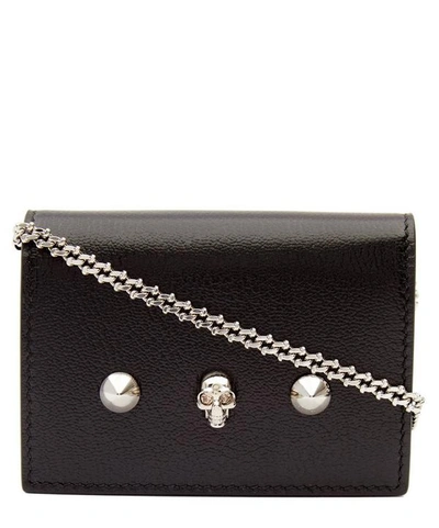Shop Alexander Mcqueen Skull Leather Card Holder On Chain In Black