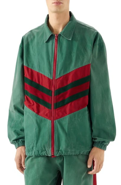 Shop Gucci Web Stripe Oversize Denim Jacket In Green