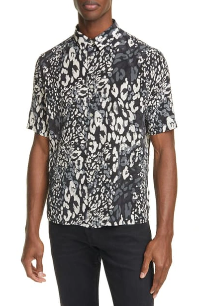 Shop Saint Laurent Leopard Tricolore Short Sleeve Silk Button-up Shirt In Black