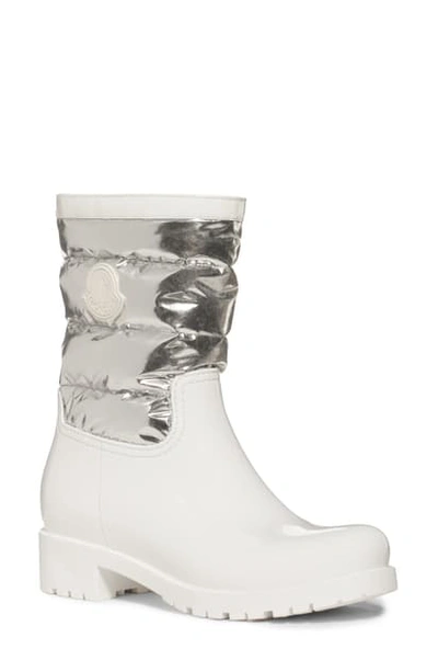 Shop Moncler Gisele Waterproof Rain Boot In White/ Silver