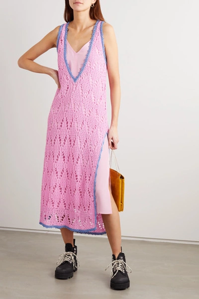 Shop Jw Anderson Layered Two-tone Crocheted Cotton And Crepe De Chine Maxi Dress In Pink