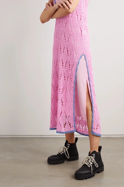 Shop Jw Anderson Layered Two-tone Crocheted Cotton And Crepe De Chine Maxi Dress In Pink