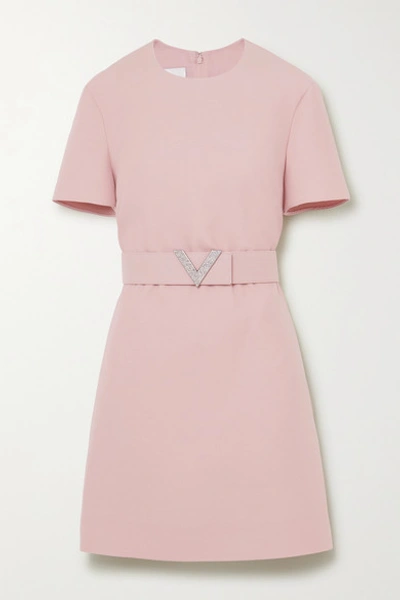 Shop Valentino Crystal-embellished Belted Wool And Silk-blend Crepe Mini Dress In Pink