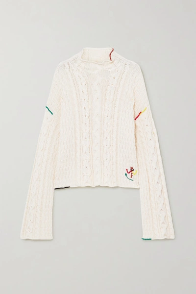 Shop Jw Anderson Embroidered Cable-knit Cotton Sweater In White