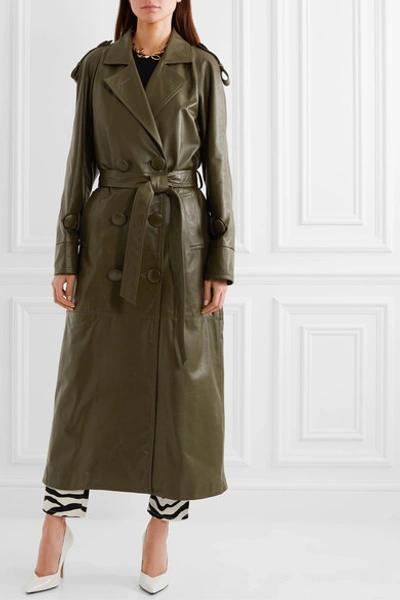 Shop Attico Belted Leather Trench Coat In Army Green