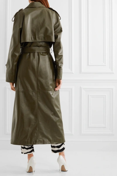Shop Attico Belted Leather Trench Coat In Army Green